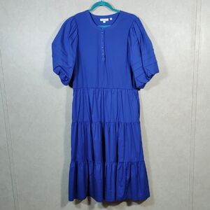 04131 Chico's royal blue mostly cotton puffy sleeve tiered dress 2 L EUC